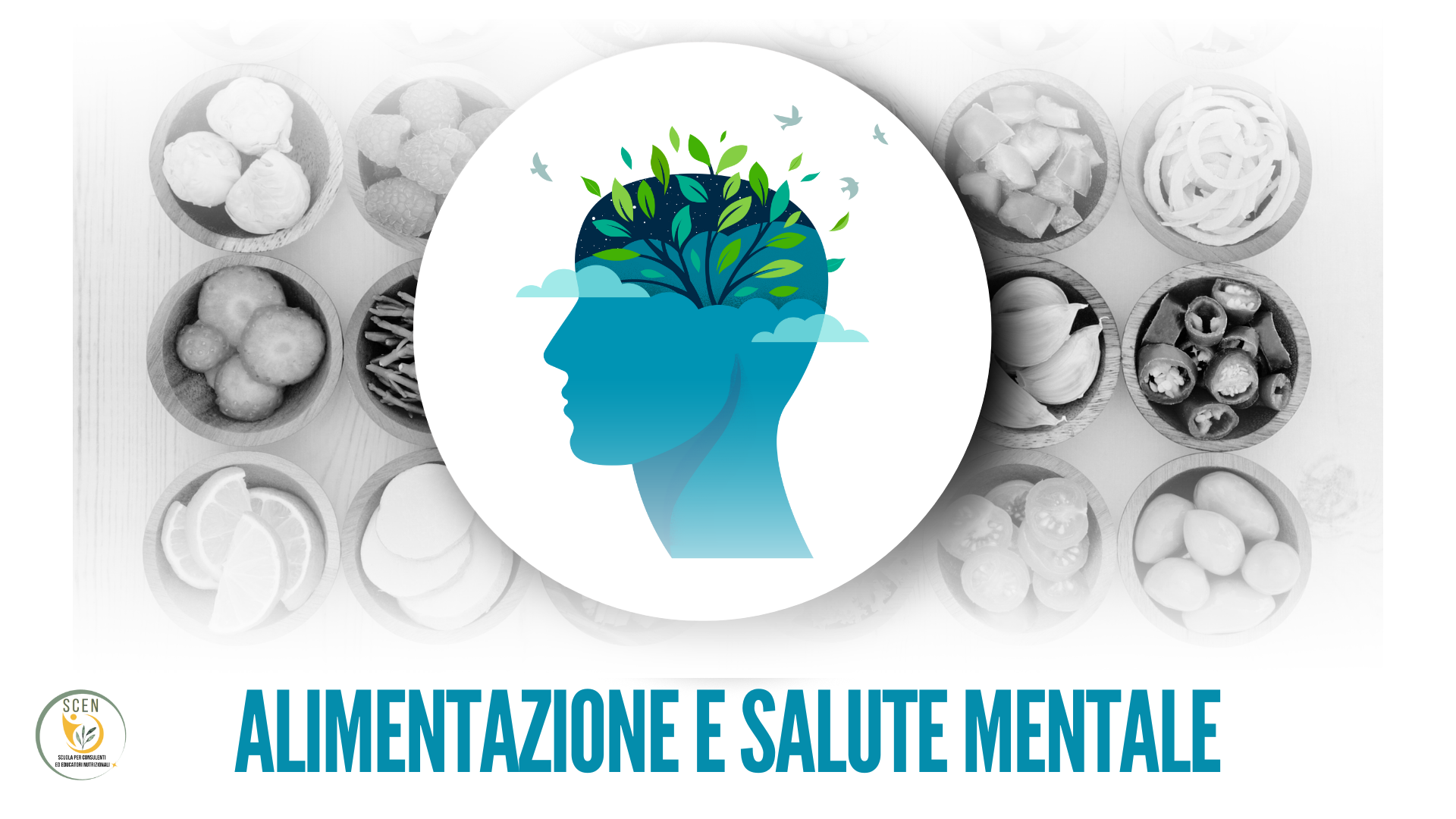 un'immagine che rappresenta l'alimentazione e la salute mentale. Sotto si vedono degli alimenti in bianco e nero e sopra una testa con la parte alta fiorita, per far capire che la salute mentale è fondamentale e l'alimentazione influisce su essa.