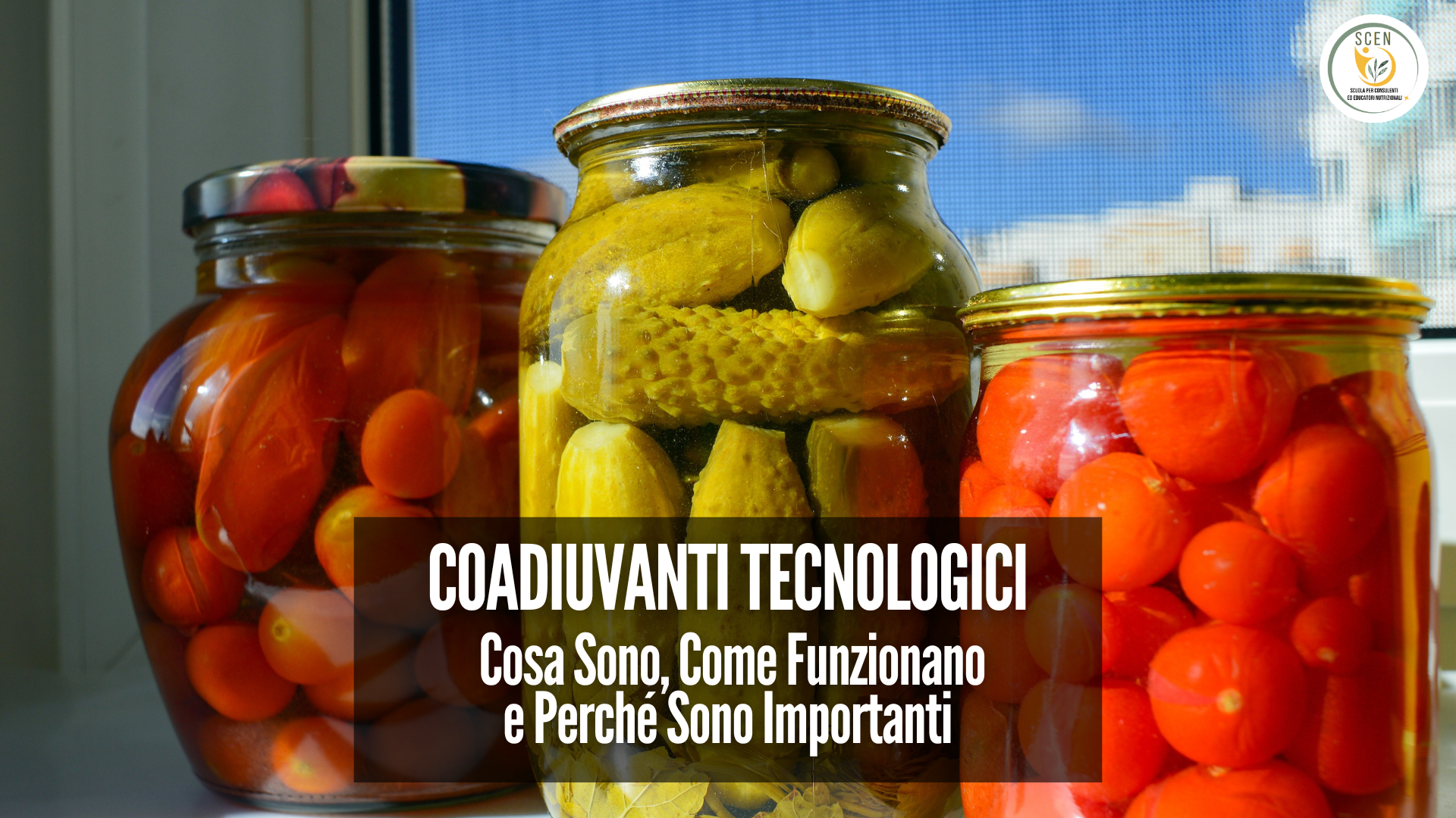 vasetti sott'olio con cetriolini e pomodorini per rappresentare i coadiuvanti tecnologici