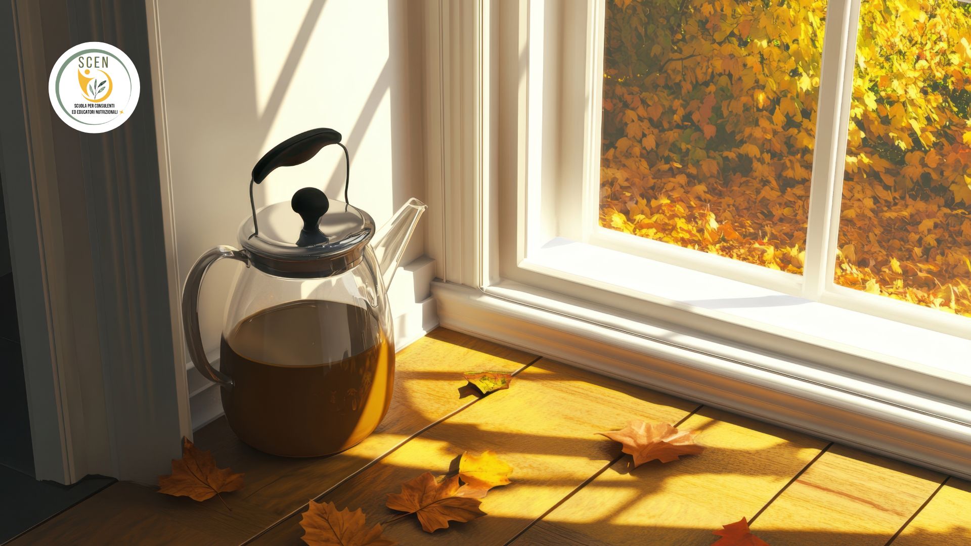 una finestra con vista autunnale e un bollitore con il the per depurarsi